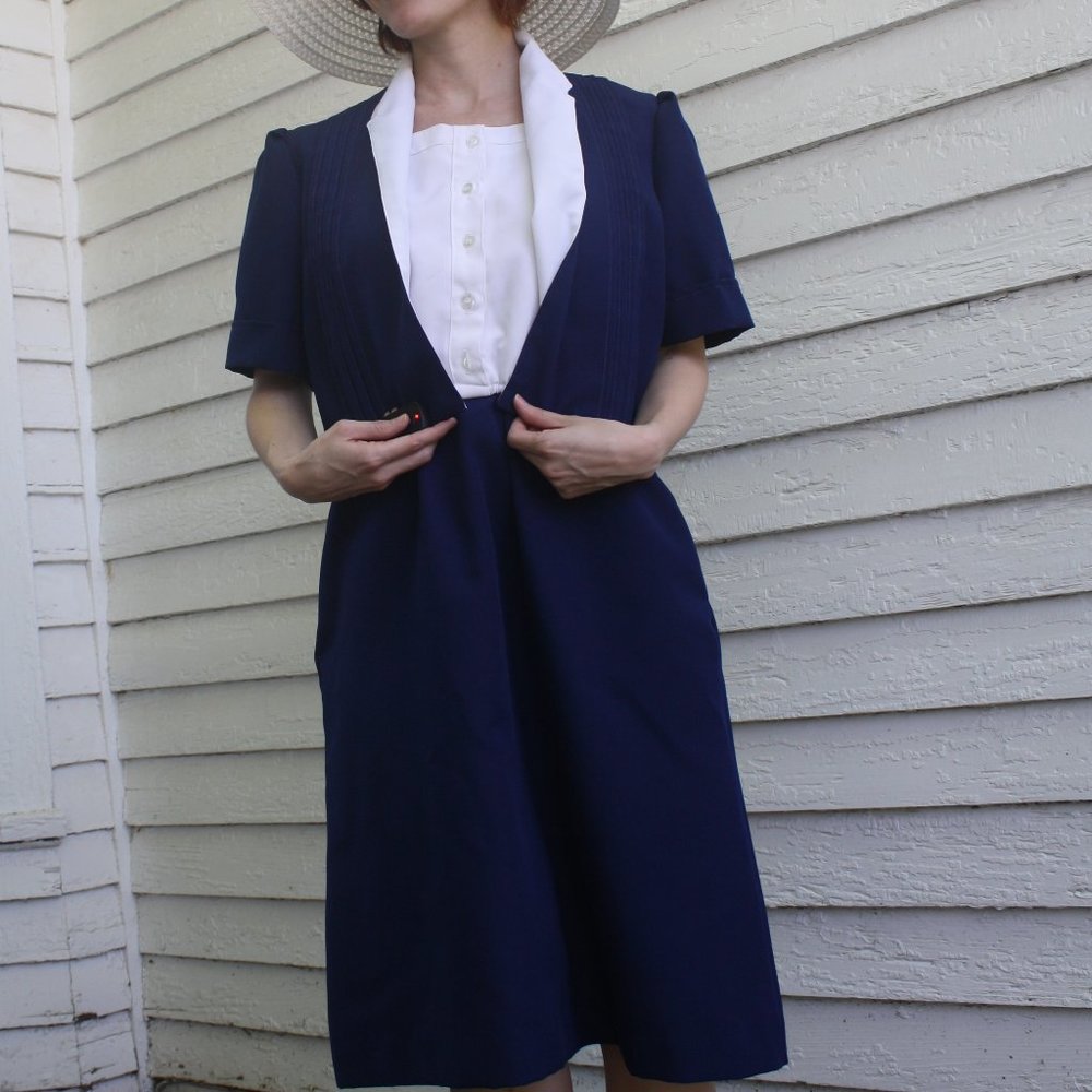 70s Blue White Day Dress S M Montgomery Ward Casual - Picture 9 of 10